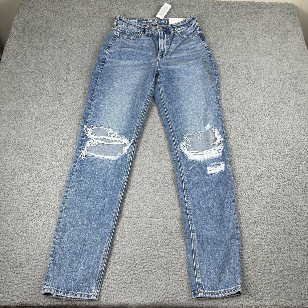 American Eagle Outfitters Jeans Womens 4 Blue Mom High Rise Ripped Knees X-Long - Picture 2 of 15